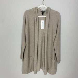 Eileen Fisher Long Hooded Cardigan Sweater Tan Front Pockets Womens 1X MRSP $298